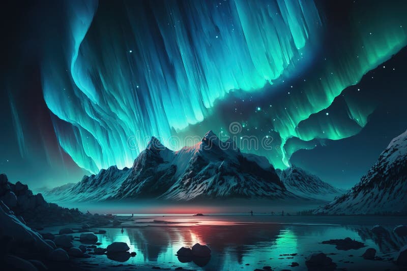 Prächtige Polarlichter oberhalb der nördlichen Schneelandschaft. ai-generierte Abbildung vektor abbildung