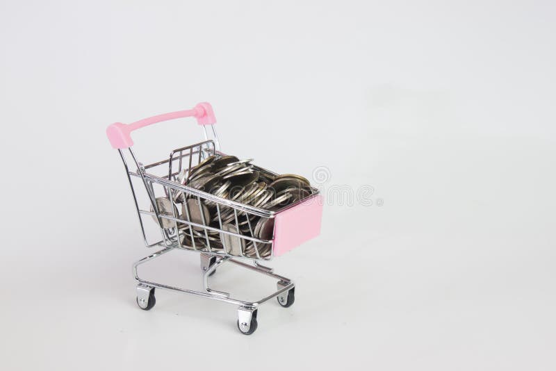Prägen Sie Einsparung im Minispaziergänger, der auf weißem Hintergrund lokalisiert wird lizenzfreies stockfoto Prägen Sie Einsparung im Minispaziergänger, der auf weißem Hintergrund lokalisiert wird lizenzfreies stockfoto