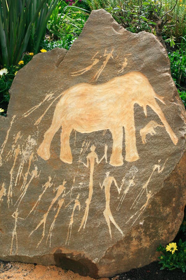Prehistoric Neolithic African rock art from the Northern Cape showing a hunting scene. Prehistoric Neolithic African rock art from the Northern Cape showing a hunting scene