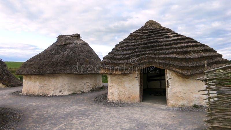 Stonehenge prehistoric monument, Stonehenge Neolithic Houses Exhibition - Salisbury, England, UK. Stonehenge prehistoric monument, Stonehenge Neolithic Houses Exhibition - Salisbury, England, UK