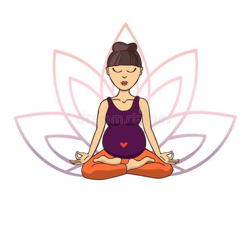 Prenatal yoga. Vector illustration of young cute asian girl meditating in lotus position with flower petals in violet and pink gradient colors behind. Pregnant woman doing meditation practice. Prenatal yoga. Vector illustration of young cute asian girl meditating in lotus position with flower petals in violet and pink gradient colors behind. Pregnant woman doing meditation practice.