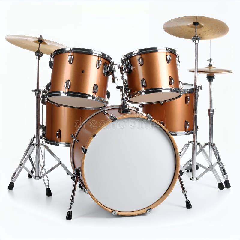 Präzise polierte Bronze-Drum-Set, die eine harmonische Präsentation auf weißem Hintergrund schafft lizenzfreie abbildung