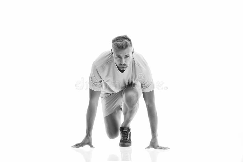 Ready steady go. Man sportsman start running. Runner handsome strong guy isolated on white. Workout training. Run faster. Running sport. Keep running every day. Healthy lifestyle. Gym run club. Ready steady go. Man sportsman start running. Runner handsome strong guy isolated on white. Workout training. Run faster. Running sport. Keep running every day. Healthy lifestyle. Gym run club.