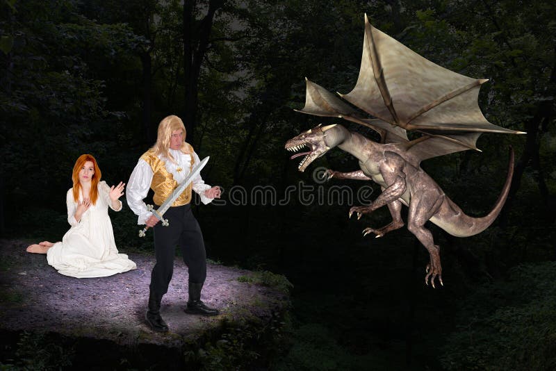 Príncipe hermoso Save Fair Maiden del dragón malvado foto de archivo libre de regalías Príncipe hermoso Save Fair Maiden del dragón malvado foto de archivo libre de regalías