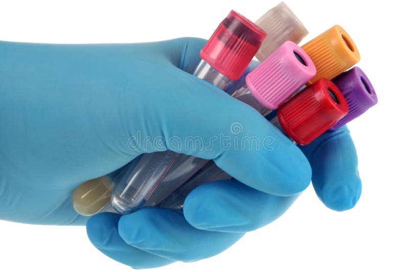 Próbne tubki w gloved ręce zdjęcia stock Próbne tubki w gloved ręce zdjęcia stock