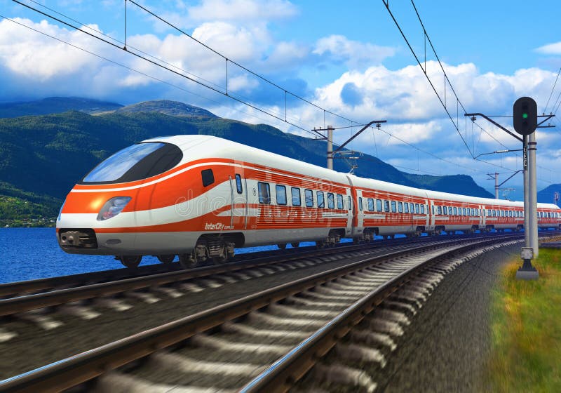 High speed train driving across mountain scenery with motion blur effect. High speed train driving across mountain scenery with motion blur effect