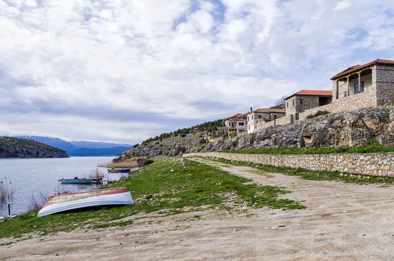 Psarades Village in Big Prespa Lake, Florina, Greece Stock Image ...