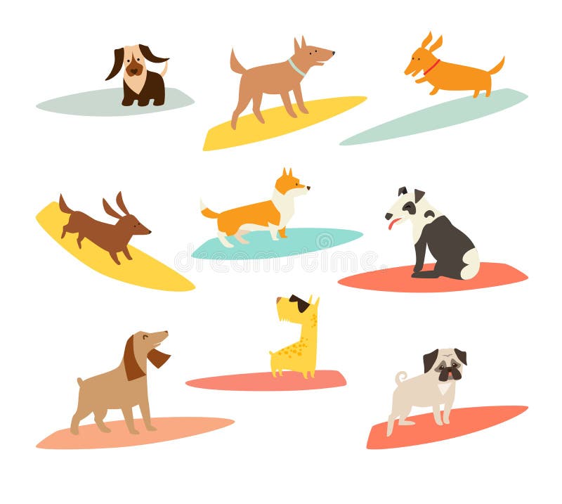 Psi surfingowowie ustawiający, wektorowe kreskówek ilustracje ilustracji