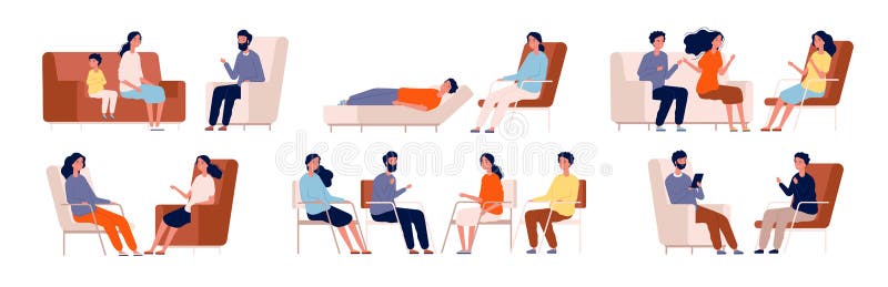 Psicologa Gruppo Terapia divano parlante consulente medico seduti caratteri vettoriali