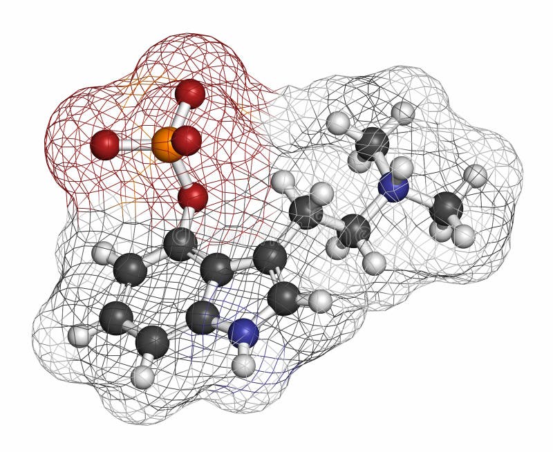 Psilocybin psychedelic mushroom molecule. Prodrug of psilocin. Atoms are represented as spheres with conventional color coding: hydrogen (white), carbon (grey), oxygen (red), nitrogen (blue), phosphorus (orange. Oxygen molecule blue illustrations