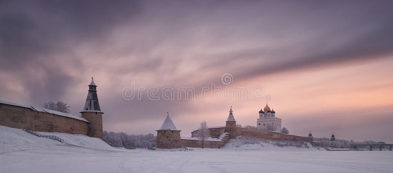 Pskov Kremlin Krom - Historical And Architectural Center Of The Ancient Russian City Pskov In The Winter Time. View From The F stock photos Pskov Kremlin Krom - Historical And Architectural Center Of The Ancient Russian City Pskov In The Winter Time. View From The F stock photos