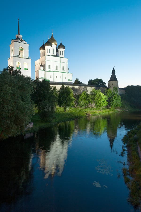 Ancient Pskov Krom at white night on Velikaya river, Russia