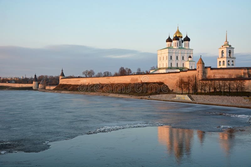 Pskov Krom at hte sunset. Old Russian architecture. View at spring season from river Velikaya