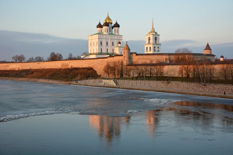 Pskov Krom at hte sunset. Old Russian architecture. View at spring season from river Velikaya