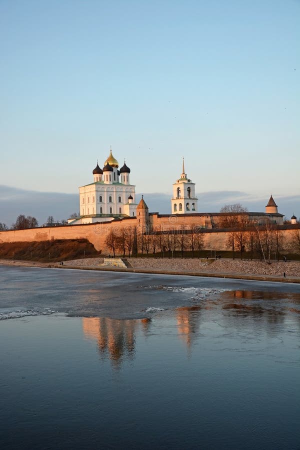 Pskov Krom at hte sunset. Old Russian architecture. View at spring season from river Velikaya