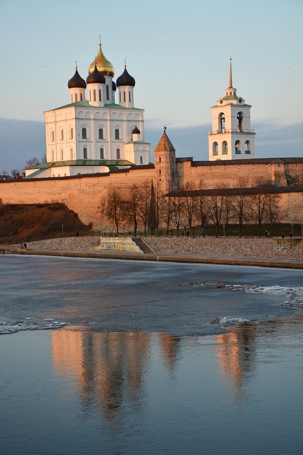 Pskov Krom at hte sunset. Old Russian architecture. View at spring season from river Velikaya
