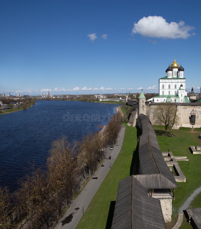 The Pskov Krom or Pskov Kremlin is an ancient citadel in Pskov, Russia. In the central part of the city, the Krom is located at the junction of the Velikaya River and smaller Pskova river. The citadel is of medieval origin, with the surrounding walls constructed starting in the late 15th century. The Pskov Krom or Pskov Kremlin is an ancient citadel in Pskov, Russia. In the central part of the city, the Krom is located at the junction of the Velikaya River and smaller Pskova river. The citadel is of medieval origin, with the surrounding walls constructed starting in the late 15th century.