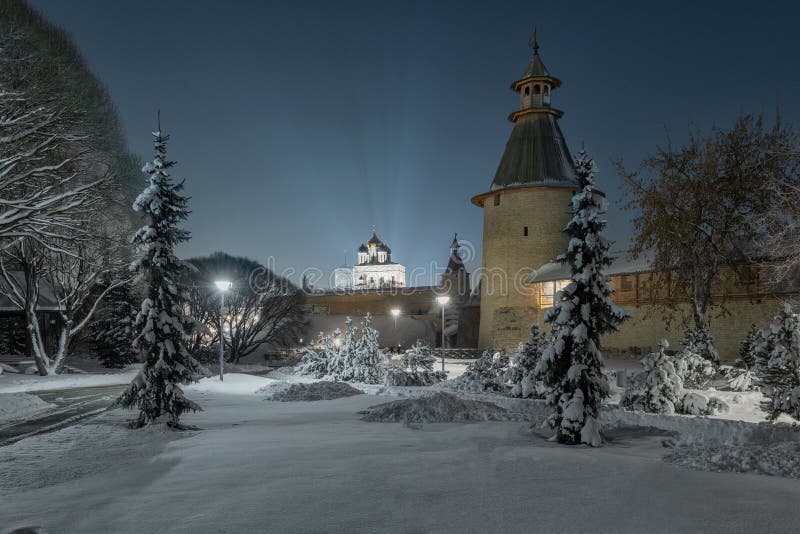 Pskov Krom (Kremlin) on a winter night