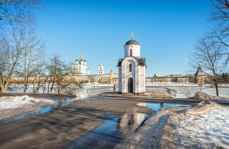 View of the Pskov Krom from the Olginsky Chapel on a sunny winter day. Caption: Russia starts here