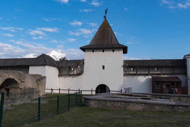 The Pskov Krom or Pskov Kremlin. The Rybnitskaya Tower or Tower near The Holy Gates.