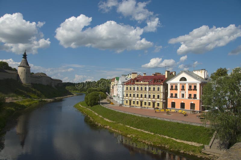 Ancient fortress and nowadays embankment with houses. Ancient fortress and nowadays embankment with houses