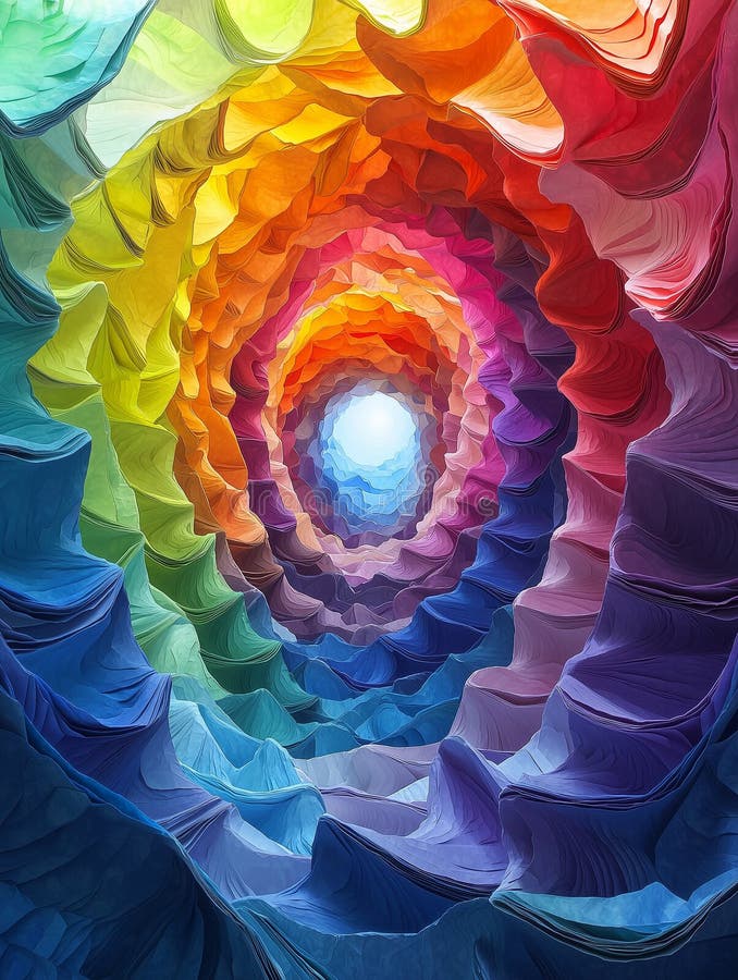Psychedelic rainbow vortex with layered paper-like forms and infinite depth. psychedelic abstract vortex made of layered rainbow-colored paper-like forms, creating a sense of infinite depth and flowing visual movement. inspired by Jen Stark s organic symmetry and trippy gradients, the image combines vibrant colors with hypnotic geometry. perfect for abstract design, digital art, editorial illustration, or backgrounds exploring visual perception and energy.