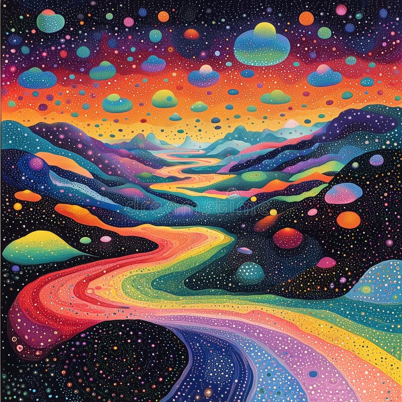 Psychedelic brainscape with pulsating dot patterns and floating clouds. A surreal mental landscape filled with pulsating dot patterns, colorful terrain, and floating dot-shaped clouds. Inspired by Yayoi Kusama s iconic repetition and pop-art surrealism, this psychedelic brainspace evokes infinite visual recursion and dreamlike perception. Ideal for editorial visuals, abstract poster designs, and visionary art projects.