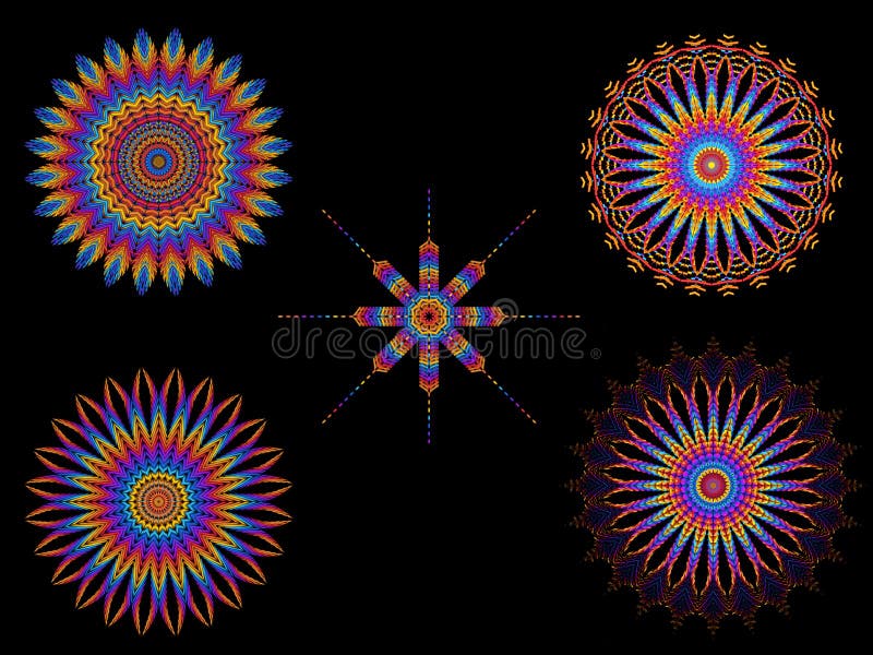 Psychedelic Colorful Kaleidoscope Spirograph Motifs stock illustration