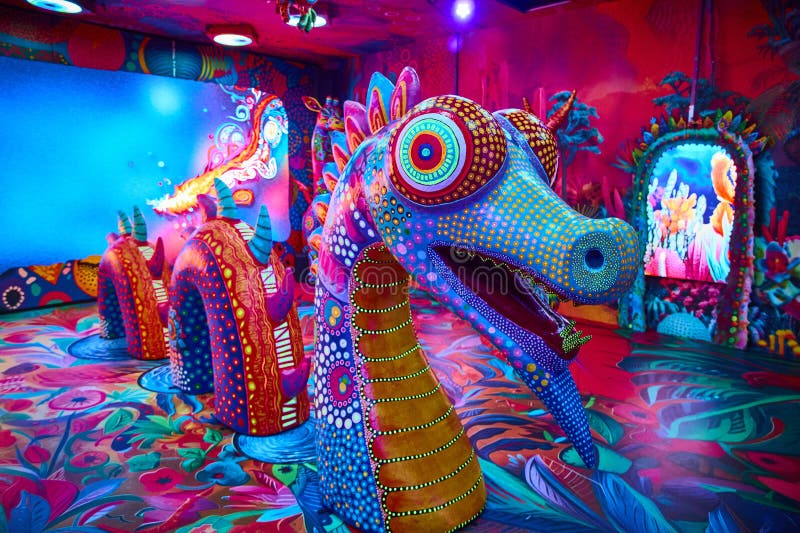 Psychedelic Fantasy Creatures in Immersive Art Exhibit Eye-Level View stock image
