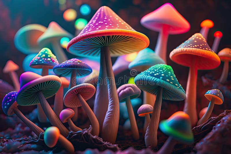 Psychedelic Glowing Mushrooms in Forest. Magical Background with