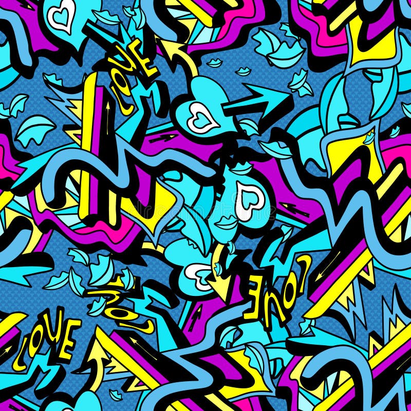 Psychedelic graffiti lines and heart on a white background seamless pattern vector illustration vector illustration