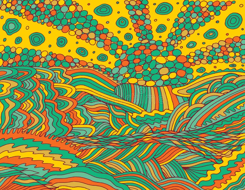 Psychedelic Sunset with the Mountains and Beach Stock Illustration ...