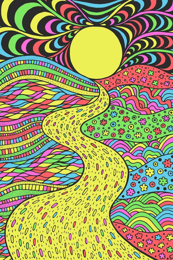 Psychedelic landscape. Colorful trippy artwork with line art. Pathway in meadows and waves. Seaside illustration. Doodle drawing.