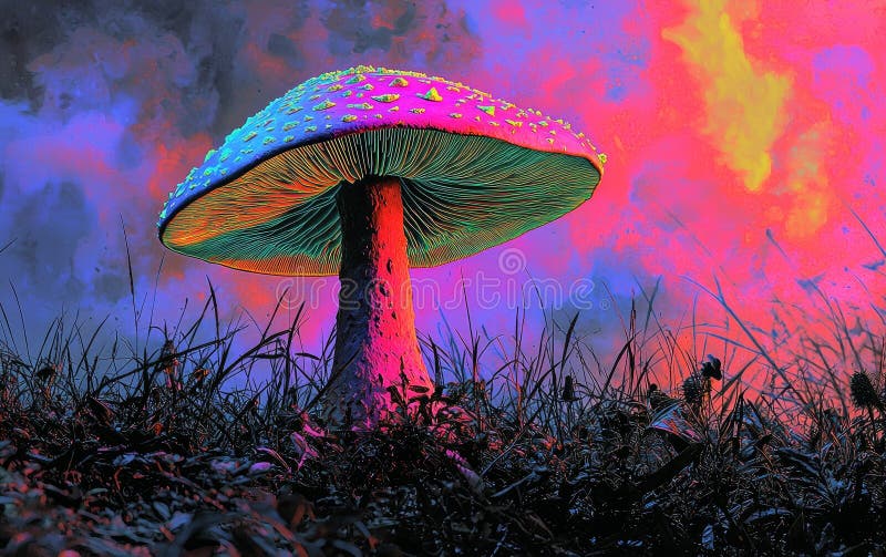 Psychedelic Mushroom with Vibrant Colors and Blurred Background Stock ...
