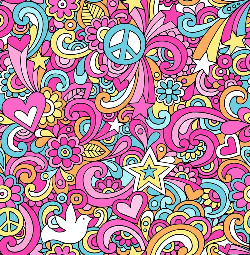 Bezošvá Psychedelic Groovy Mier Notebook Doodle Dizajn - Ruka-Natiahnutý Vektorové Ilustrácie Pozadí.