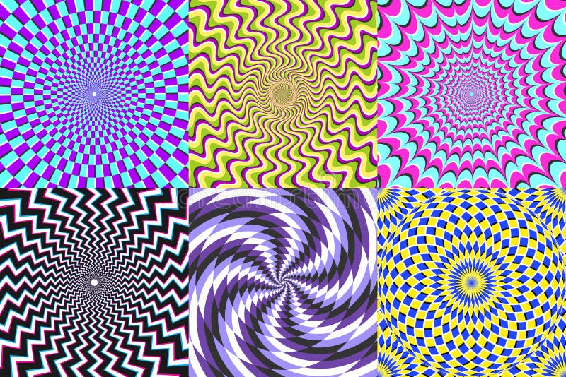 Psychedelic spiral. Optical illusion, delusion spirals and colorful abstraction hypnosis spiral vector illustration set