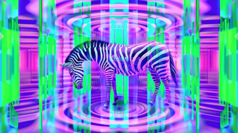 Psychedelic Zebra Motion: Abstract Retro Cyberpunk Futuristic Design with Distorted Glitch Effects in Purple, Pink, Gree vector illustration