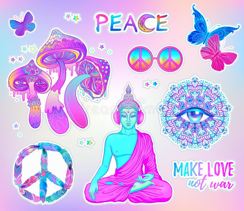 Psychedelischer Aufkleber eingestellt: trippy Pilze, Friedenszeichensäure Buddh vektor abbildung