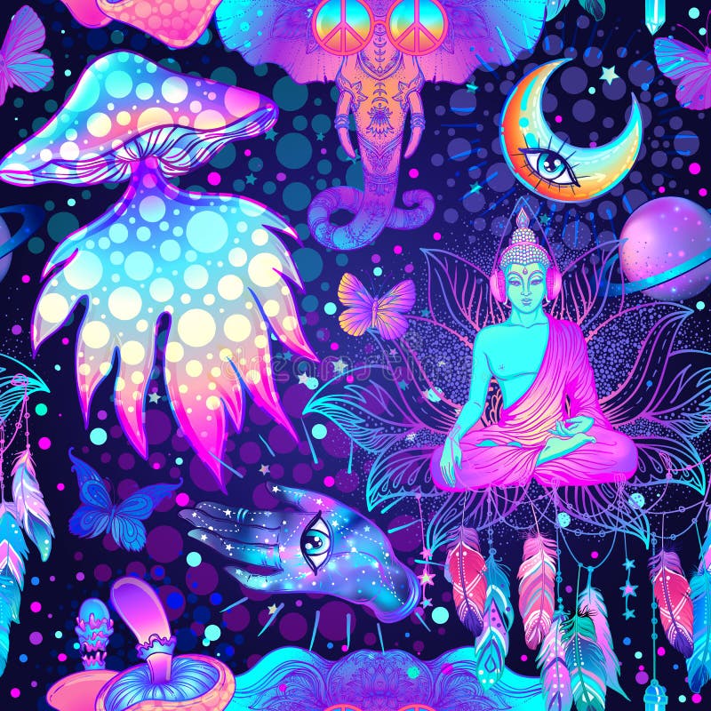 Psychedelisches nahtlose Muster : trippy Säure Buddha-Schmetterlinge des Pilzfriedenszeichens, die Augenmandala allseeing sind stock abbildung