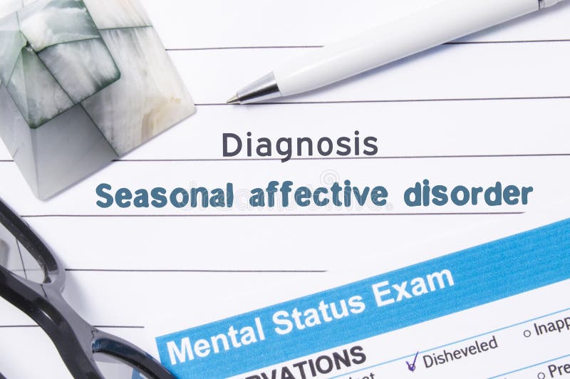 Psychiatric Diagnosis Seasonal Affective Disorder. Medical book or form with name of diagnosis Seasonal Affective Disorder is on t