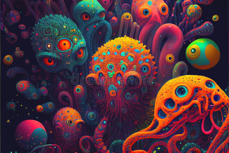 Psychiedeli neon kolorowy świat obcy i obce stworzenia wielu obcych jest jaskrawych i kolorowych royalty ilustracja