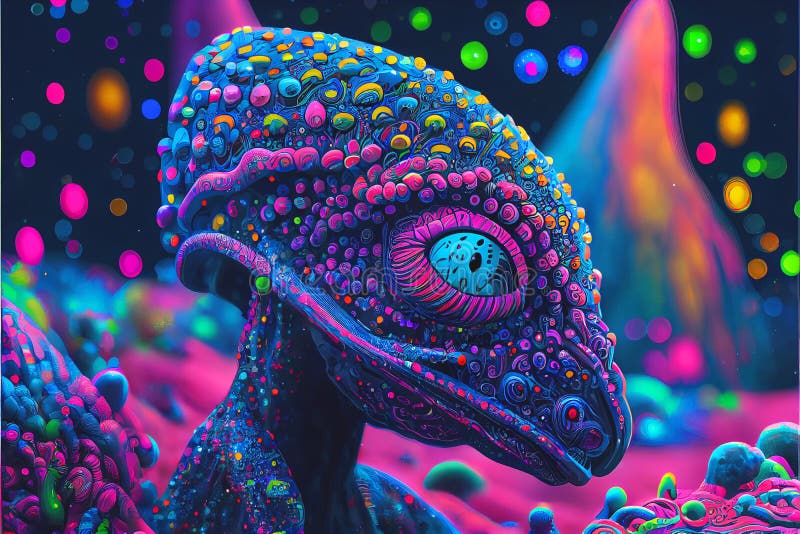 Psychiedeli neon kolorowy świat obcy i obce stworzenia wielu obcych jest jaskrawych i kolorowych ilustracja wektor