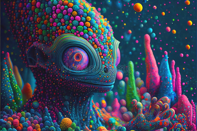 Psychiedeli neon kolorowy świat obcy i obce stworzenia wielu obcych jest jaskrawych i kolorowych ilustracja wektor