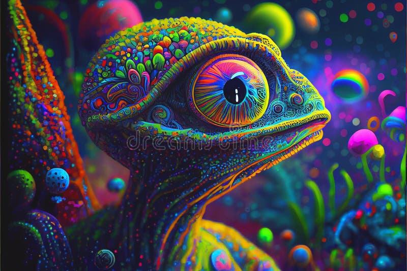 Psychiedeli neon kolorowy świat obcy i obce stworzenia wielu obcych jest jaskrawych i kolorowych ilustracja wektor