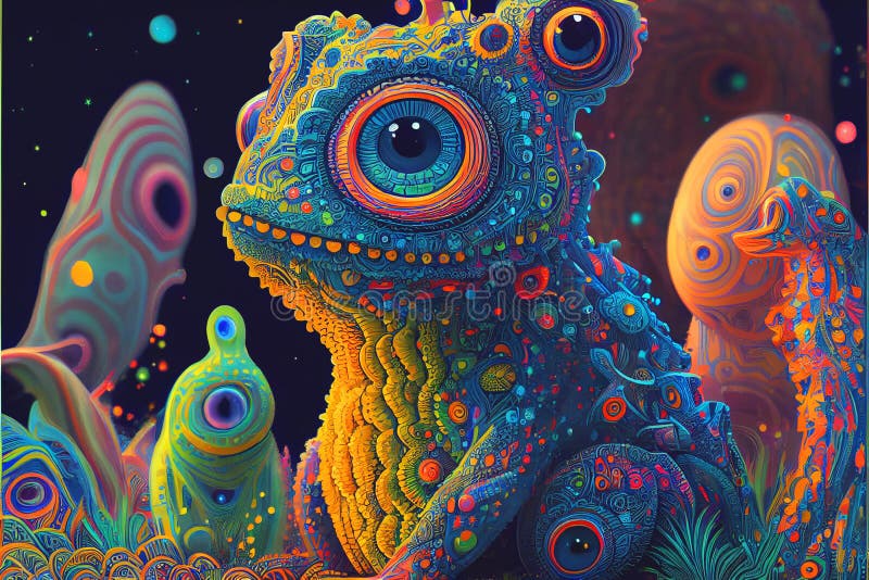 Psychiedeli neon kolorowy świat obcy i obce stworzenia wielu obcych jest jaskrawych i kolorowych ilustracji