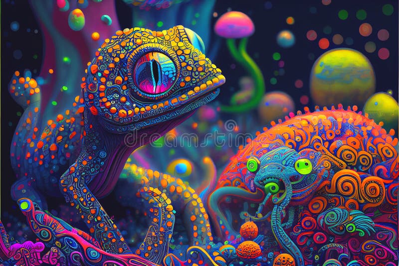 Psychiedeli neon kolorowy świat obcy i obce stworzenia wielu obcych jest jaskrawych i kolorowych ilustracji