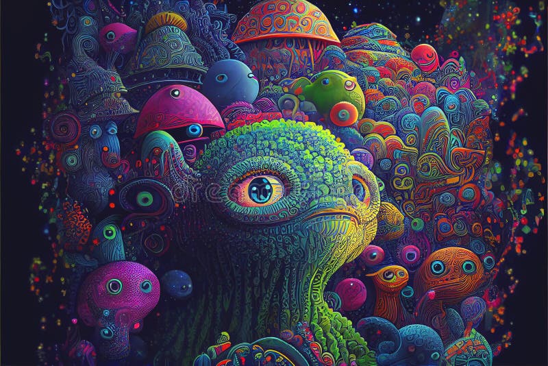 Psychiedeli neon kolorowy świat obcy i obce stworzenia wielu obcych jest jaskrawych i kolorowych ilustracji
