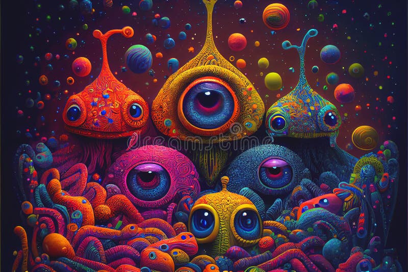 Psychiedeli neon kolorowy świat obcy i obce stworzenia wielu obcych jest jaskrawych i kolorowych ilustracji