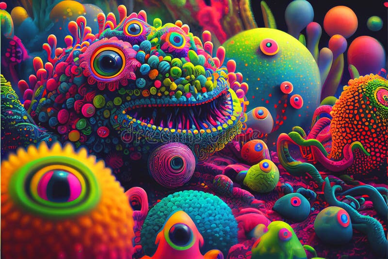 Psychiedeli neon kolorowy świat obcy i obce stworzenia wielu obcych jest jaskrawych i kolorowych royalty ilustracja