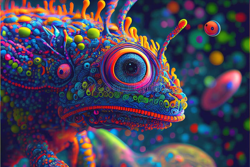 Psychiedeli neon kolorowy świat obcy i obce stworzenia wielu obcych jest jaskrawych i kolorowych ilustracja wektor